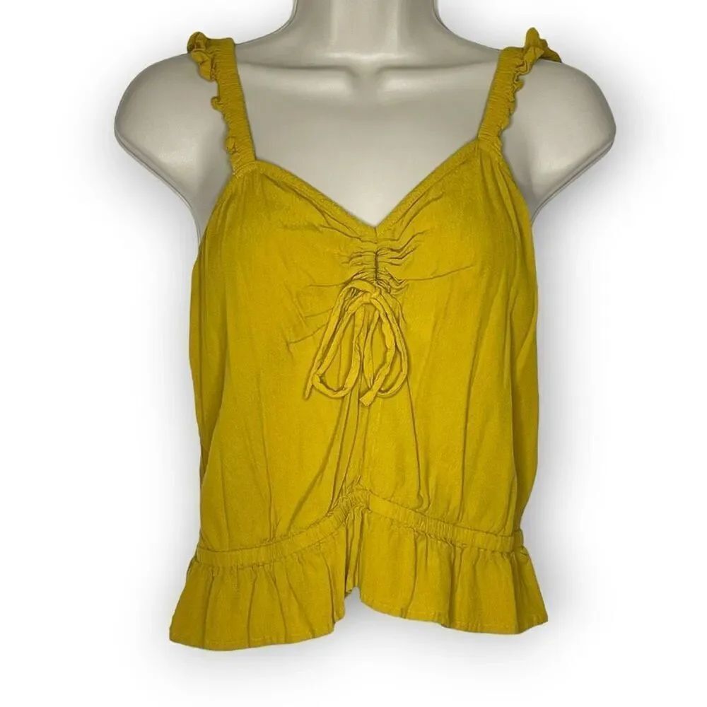 Express Tank Top Golden Yellow Ruffle Cropped Keyhole Women’s Size Small Rayon